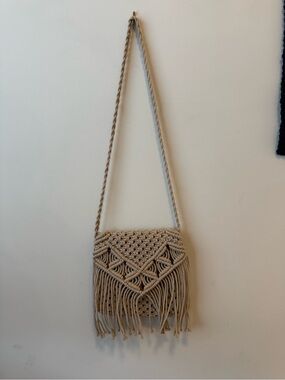 Boho Macrame Fringe Crossbody Bag in Beige